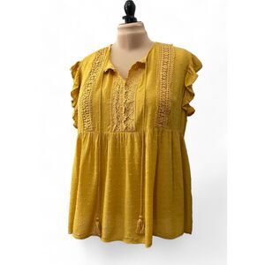 HAPTICS Swiss Dot Tie Front Yellow Boho Peasant Blouse, NWT! Size 3x, 3XL